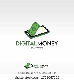 Vetor de design de modelo de logotipo de dinheiro digital. Um smartphone com dinheiro digital simbolizando pagamentos eletrônicos, carteiras digitais e transações financeiras modernas.