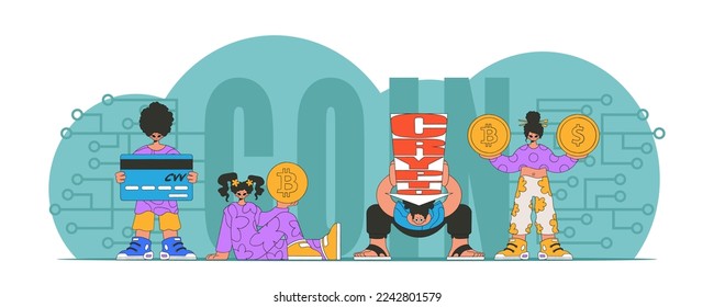 Digital money management concept. People interact with crypto assets.
