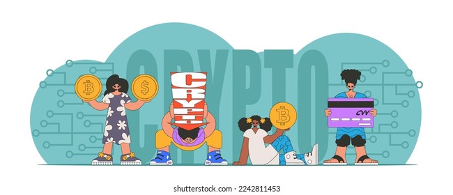 Digital money management concept. People interact with bitcoin.