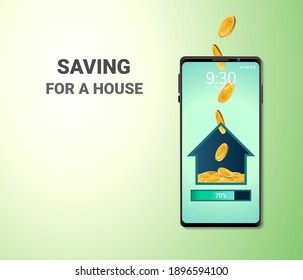 Digital Money Online And Blank Space On Phone Mobile Website Background Saving Or Deposit For A House In Social Distance Concept