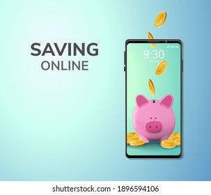 Digital Money Online and blank space on phone, mobile website background saving or deposit in piggy social distance concept