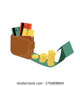 Digital money savings, statistic growth, e-banking, online commerce. Leather wallet symbol with credit cards with pay pass, nfc technology, coins and diagram arrow. Vector illustration