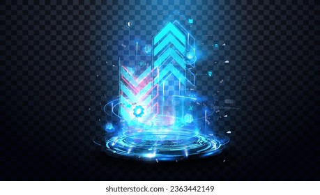 Digital money send, currency exchange sign. Neon futuristic transfer arrow icon. Web trade symbol. Mutual exchange of information isolated on blue background. Futuristic download upload arrow sign.