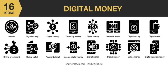 Digital Money solid icon set. Includes money, digital, finance, business, payment, and More. Solid icons vector collection.