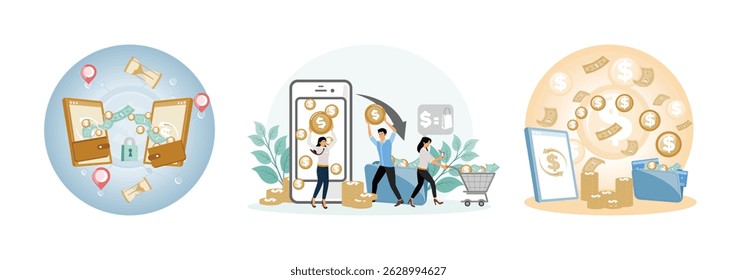 Digital Money Transfer Between Mobile Wallets, Online Payment Security. People managing finances, earning money, and shopping through a digital platform. Transfer money from wallet to mobile.