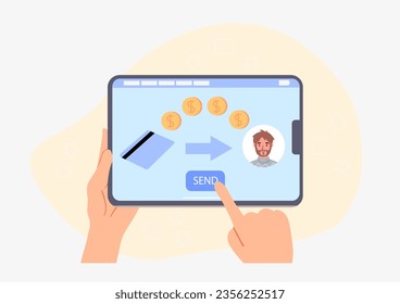 Digital money transfer concept. Cashless electronic payment and transaction on internet. Banking mobile application and program. Character sending golden coins. Cartoon flat vector illustration