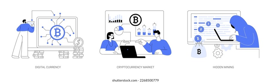 Digital money turnover abstract concept vector illustration set. Digital currency, cryptocurrency market, hidden mining, embed script development, blockchain technology, transaction abstract metaphor.