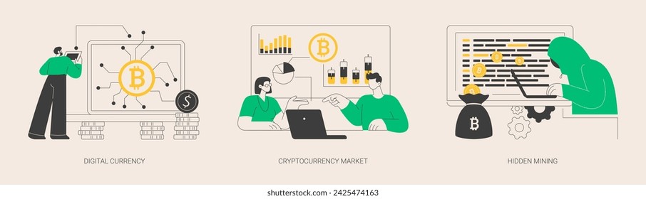 Digital money turnover abstract concept vector illustration set. Digital currency, cryptocurrency market, hidden mining, embed script development, blockchain technology, transaction abstract metaphor.