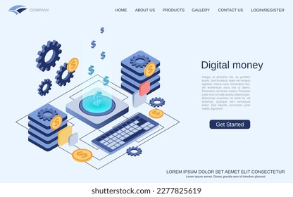 Digital money, virtual currency flat 3d isometric vector concept illustration