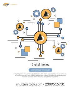 Dinero digital, moneda virtual tipo de contorno plana ilustración de concepto vectorial