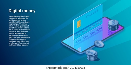 Digital money.Storing and transferring electronic funds using an application on a smartphone.A business-style poster.Flat vector illustration.