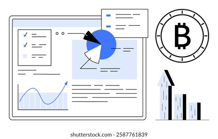 Digital monitor displaying charts, pie diagrams, and data analysis. Bitcoin symbol and rising bar graph. Ideal for finance, investment, cryptocurrency, economics, statistical analysis, financial