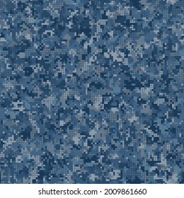 Digital monochrome cyan blue camouflage seamless pattern. Abstract military or police geometric modern urban camo background. Vector pixel masking camo illustration.