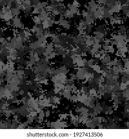 Digital monochrome dark gray dust camouflage seamless pattern. Abstract military geometric modern camo background. Vector illustration.