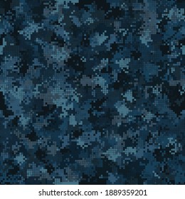 Digital monochrome sea blue camouflage seamless pattern. Abstract military geometric modern night camo background. Vector illustration.