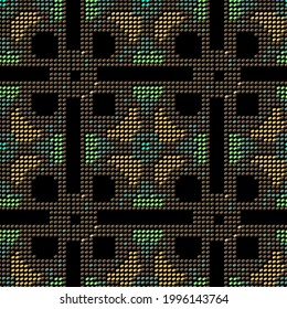 Digitales Mosaik nahtloses Muster. Farbiger gepunkteter Hintergrund. Wiederholen Sie die halftone überlagerte Hintergrund. Tartan strukturierte Ornamente. Abstraktes geometrisches Punktdesign. Endlose Grunge-Textur. Vektorgrafik.