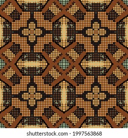 Digital mosaic seamless pattern. Ornamental background. Repeat tribal ethnic vector backdrop. Modern textured ornaments. Abstract flowers. Geometric ornate design. Endless colorful grunge texture.