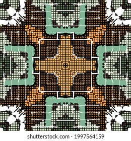Digital mosaic seamless pattern. Ornamental dirty background. Repeat tribal ethnic vector backdrop. Modern textured rough ornaments. Abstract geometric trendy design. Endless colorful grunge texture.