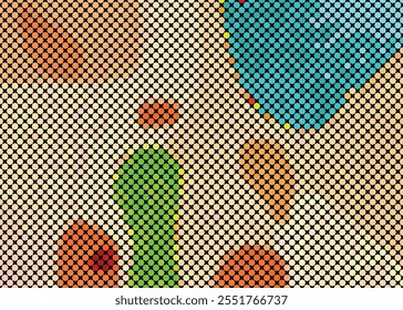 Digital mosaic: vector illustration of dotted grid patterns and abstract geometric dot artwork for page layout, comic book, book cover.