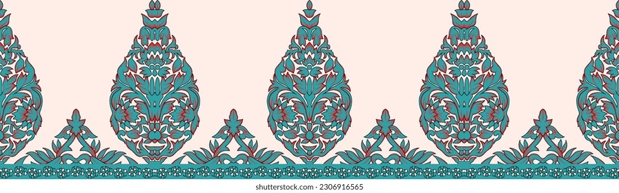Motivo digital Patrón sin costura con flores de fantasía, tela repetida étnica y diseño de baldosas, papel de pared natural, decoración floral de ilustración curl. Patrón de elementos dibujados a mano por Paisley, etc.