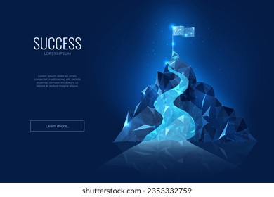 Digital mountain. Challenge or journey. Abstract polygon aim. Leader concept. Future achievement. Winning target. Peak climbing route. Motivation strategy. Vector business background
