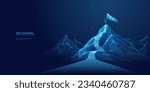 Digital mountain with a flag and a professional climbing businessman on the top. Abstract goals achievement and ambitions concept. Technology dark blue background with peaks and constellations.