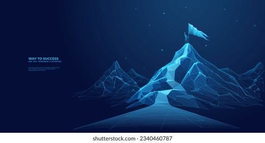 Digital mountain with a flag and a professional climbing businessman on the top. Abstract goals achievement and ambitions concept. Technology dark blue background with peaks and constellations. svg
