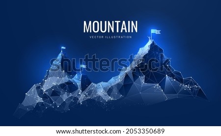 Digital mountain in a futuristic polygonal style. The path to success or business goals achievement concept. Vector illustration of a mountain with a flag, polygonal wireframe 