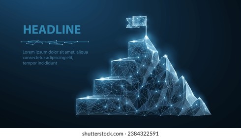 Digital mountain and ladder with flag on top. Tech goal chart, leadership path, digital technology success, career ladder, business plan, concept step, mission vision, level concept