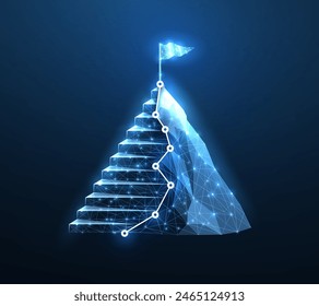 Digital mountain and ladder. Tech goal chart, leadership path, digital technology success, startup achieve, career ladder, business plan, achievement symbol, mission vision, achieve concept