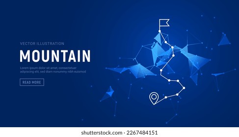 Digital mountain path success route journey. 3d mountain challenge background concept map top success