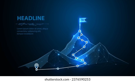 Digital mountain route. Digital technology transformation, overcoming difficulty, achieve business goals, striving for career growth and achievement, strategic plan to reach aims, success concept