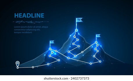 Digital mountain route. Digital technology transformation, overcoming difficulty, achieve business goals, striving for career growth and achievement, strategic plan to reach aims, success concept