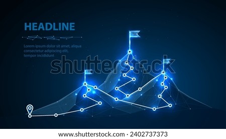 Digital mountain route. Digital technology transformation, overcoming difficulty, achieve business goals, striving for career growth and achievement, strategic plan to reach aims, success concept