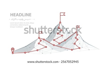 Digital mountain route. Digital technology transformation, overcoming difficulty, achieve business goals, striving for career growth and achievement, strategic plan to reach aims, success concept
