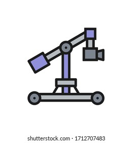 Digital movie camera on dolly rails flat color line icon.