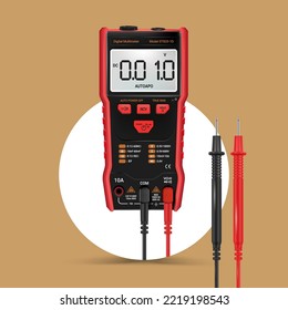 Digital Multimeter Close-up. Automatic Circuit Breaker. Vector Illustration Of Digital Electric Multimeter. Voltage Tester. Electrical Measuring Instrument. Checking Electric Potential.