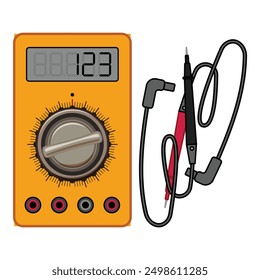 Digital multimeter displaying a numeric value and showing its selector knob and its two probes