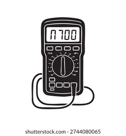 Digital multimeter graphic illustration displaying measurement reading on its screen with connected cords and adjustable settings for precise electronic testing.