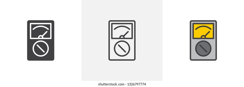 Digital multimeter icon. Line, glyph and filled outline colorful version, Voltage Ampere Meter outline and filled vector sign. Symbol logo illustration. Different style icons set