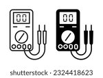 Digital multimeter icon set. Electric multi meter equipment with cable line icons in fill and outline style.