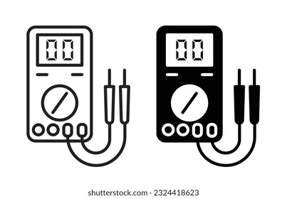 Digital-Multimeter-Icon-Set. Elektrische Mehrmeter-Ausrüstung mit Kabelzeilensymbole im Füll- und Rahmenstil.