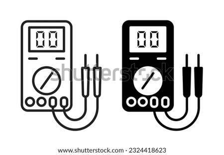 Digital multimeter icon set. Electric multi meter equipment with cable line icons in fill and outline style.