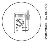 Digital multimeter for measuring electrical indicators AC DC voltage amperage ohmmeter power with probes icon in circle round outline black color vector illustration flat style image