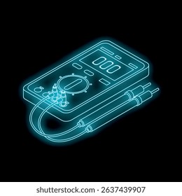 Digital multimeter with probes glowing blue neon isometric view on black background