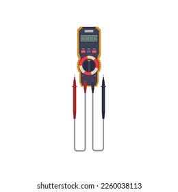 Digital multimeter with probes vector illustration. Cartoon drawing of tool or equipment of electrician isolated on white background. Engineering, technology, construction concept