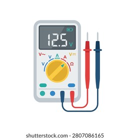 Digital multimeter with red and blue probes displaying 12.5 volts