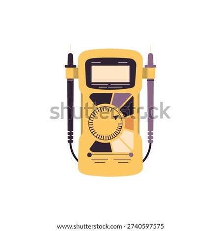 Digital multimeter with test probes isolated on white background. Flat vector illustration of electrical measuring device for electronics, repair, engineering manuals and technical education.