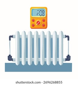 A digital multimeter is used to diagnose a classic home radiator, symbolizing the intersection of modern technology and traditional infrastructure.