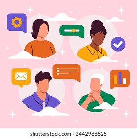 Concepto de multitarea digital. Hombres y mujeres con tareas y metas. Gestión del tiempo y organización eficaz del proceso de trabajo. Ilustración de vector plano de dibujos animados aislado sobre fondo rosa